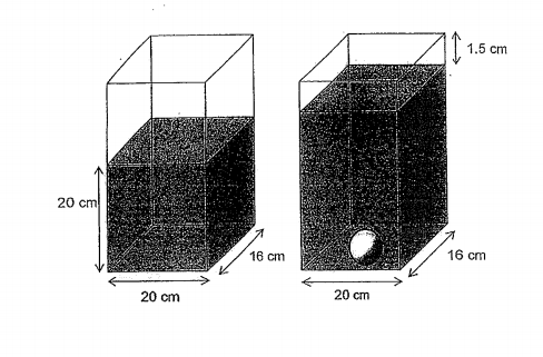 Question Image of A tank was $\frac{2}{3}$ filled with water to a height of 20cm. <br>(a) What is the capacity of the tank? <br>(b) When a glass ball was dropped into the tank, the height of the water level was 1.5cm from the brim of the tank. Find the volume of the glass ball. .