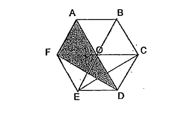 Question Image of In the diagram below, ABCO and FODE are identical rhombuses and AOF and OCD are identical equilateral triangle. What fraction of the figure ABCDEF is shaded?  .