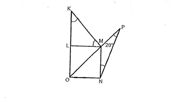 Question Image of In the diagram below, KM = MO. LMNO is a square and KLM is a right- angled triangle. <br>(a) Find $\angle$KMO. <br>(b) Find $\angle$MNP.   .