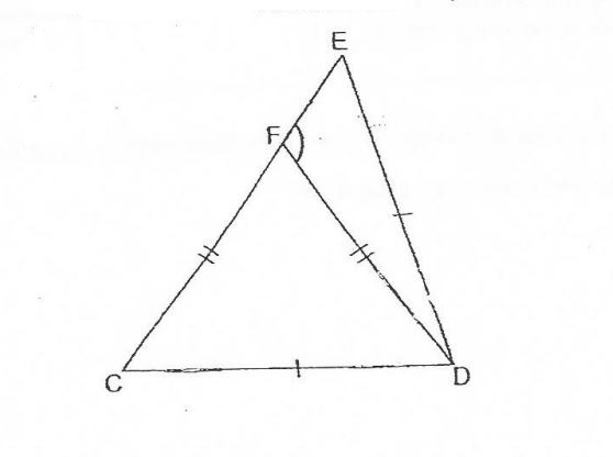 Question Image of In the figure, CDE and CDF are isosceles triangle. $\angle$DCF is three times as   large as $\angle$EDF. Find $\angle$DFE.  .