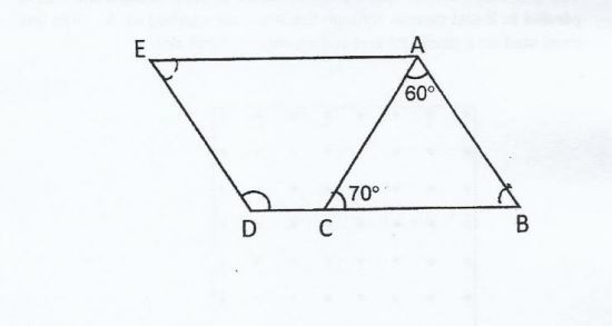Question Image of In the figure below not, drawn to scale, ABDE is a parallelogram. $\angle$ ACB =70$^\circ$.  and  $\angle$ BAC = 60 $^\circ$. Find $\angle$ EDC.   .