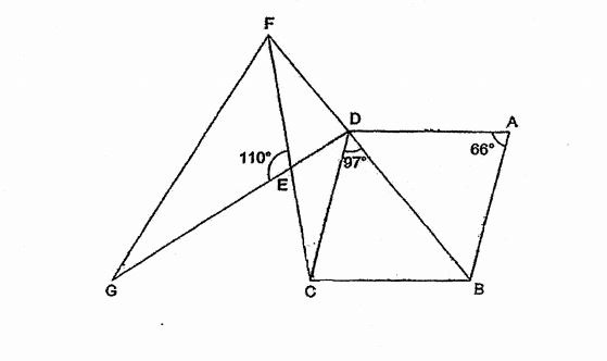 Question Image of In the figure below, ABCD is a rhombus.  $\angle$EDB = 97$^\circ$, $\angle$FEG  = 110$^\circ$,and $\angle$BAD = 66$^\circ$. Give, that GED, FED and FDB are straight lines, Find$\angle$FCD,   .