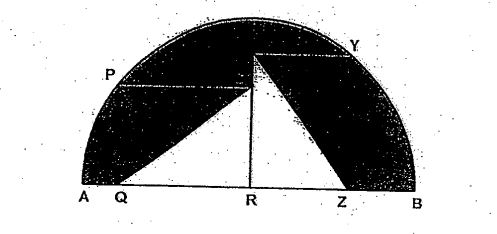 Question Image of The figure below shows two identical rectangles within a semicircle of diameter 10cm. R is the center of the semicircle. Give that Rectangle PQRS and Rectangle XYZR has a perimeter of 14cm each and line XS is 1cm. Find the perimeter of the shaded part.   .