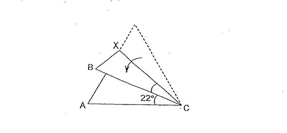 Question Image of The figure below shows an equilateral triangular piece of paper folded along line CX. $\angle$ACB is 22 $^\circ$. Find $\angle$  BCX.   .