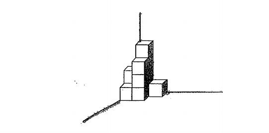 Question Image of The figure below shows a solids a solid that is made up of 2cm cubes. The cubes are stacked o top of one another. How many more such cubes are required to form a large solid with a volume of 192cm$^3$..