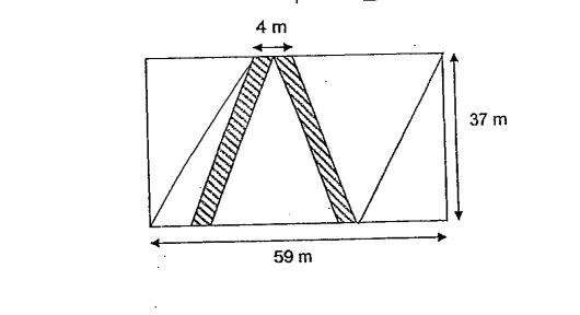 Question Image of The figure below shows a triangle pond in a park with pavements on two of its sides. The total width of the pavements is 4m. The length of the park is 59m and its breadth is 37m. What is the total area of the two pavements?   .