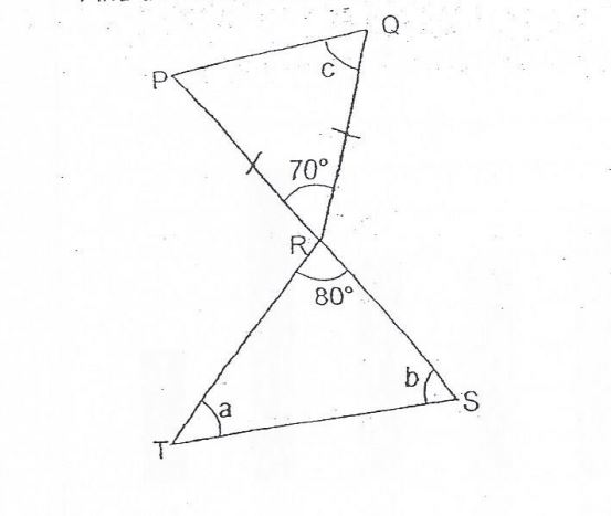 Question Image of The figure below is not drawn to scale. PQR is an isosceles triangle. PRS is a straight line. $\angle$PRS =70$^\circ$ and $\angle$TRS=80$^\circ$. Find the sum of $\angle$a, $\angle$b and $\angle$c.  .