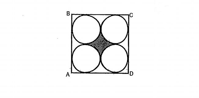 Question Image of The figure shows 4 identical in a square, ABCD. The area of the square is 64cm$^2$. Find the area of the shaded part. $ (Take\pi = 3.14)$.  .