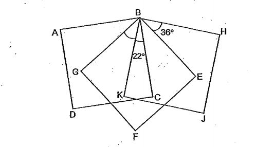 Question Image of The figure shows three identical squares ABCD, BEFG and HJKB. What is the value of $\angle$GBK? .