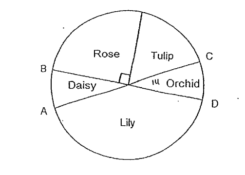 Question Image of The pie chart below shows the favorite flower of a group of girls. AC and BD are straight lines. The number of girls who chose tulip is twice that of the girls who chose daisy. <br> Given that the total number of girls who chose and orchid is 42, what is the number of girls who had chosen lily? .