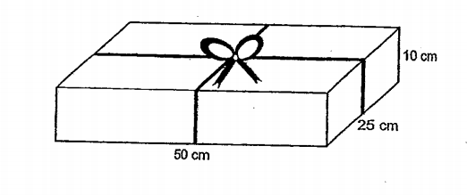 Question Image of What is the length of ribbon needed to tie a box as shown if the ribbon goes around the box once, leaving 90cm to tie a box? .
